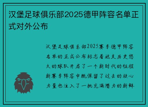 汉堡足球俱乐部2025德甲阵容名单正式对外公布